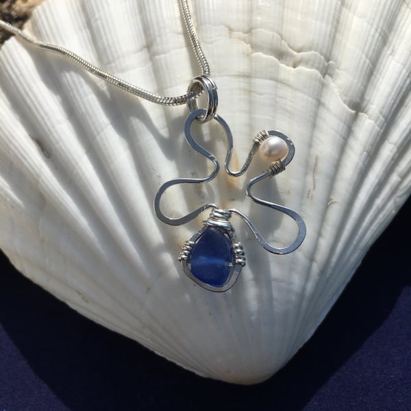 Sea Glass, Pearl & Sterling Silver Necklace