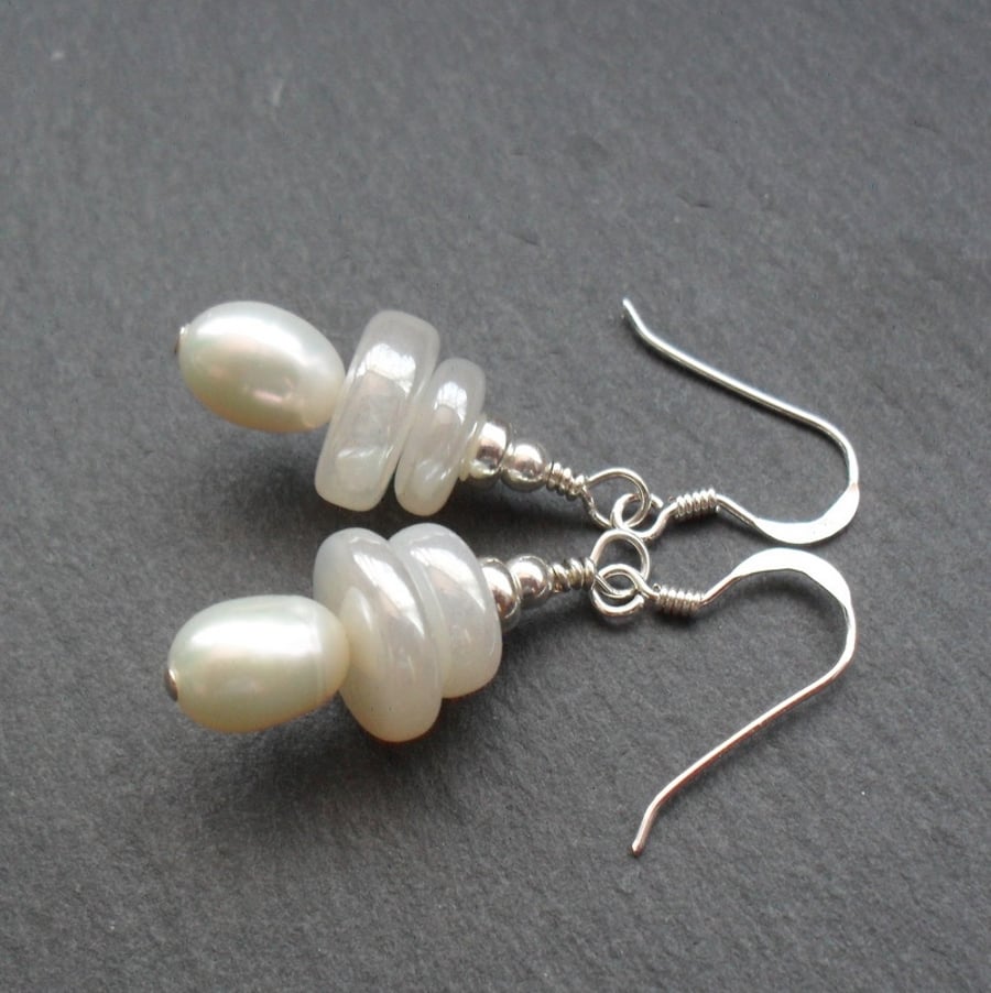 Sterling Silver Freshwater Pearls and Chalcedony Semi Precious Gemstone Earrings
