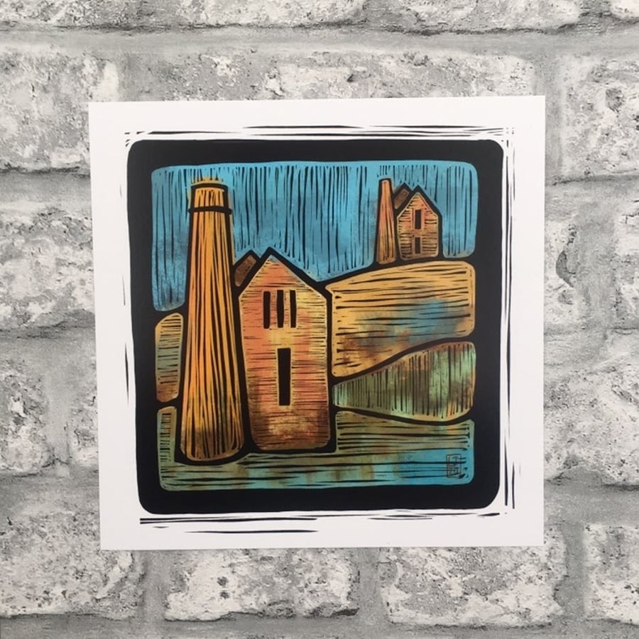 Cornish wall art Print illustration tin mine engine house landscape cornwall