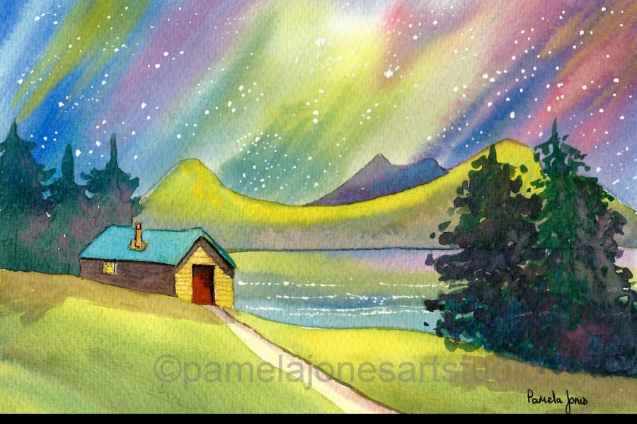  Norhern Lights, Aurora Borealis, Norway, Watercolour Print in 14 x 11'' Mount