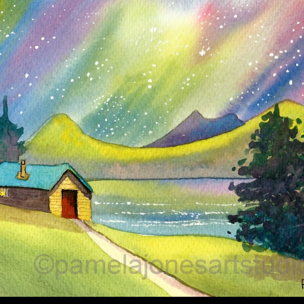  Norhern Lights, Aurora Borealis, Norway, Watercolour Print in 14 x 11'' Mount