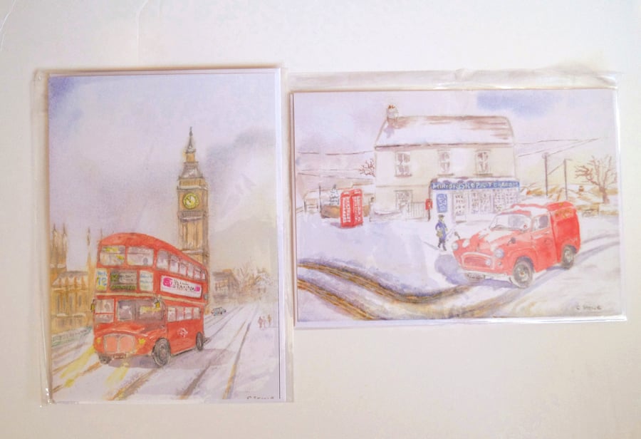 Christmas collection two blank cards London bus and Morris Minor mail van