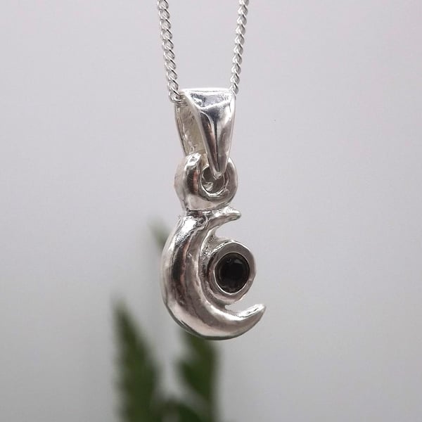Sterling Silver Half Moon Pendant with Black Spinel Gemstone Necklace.