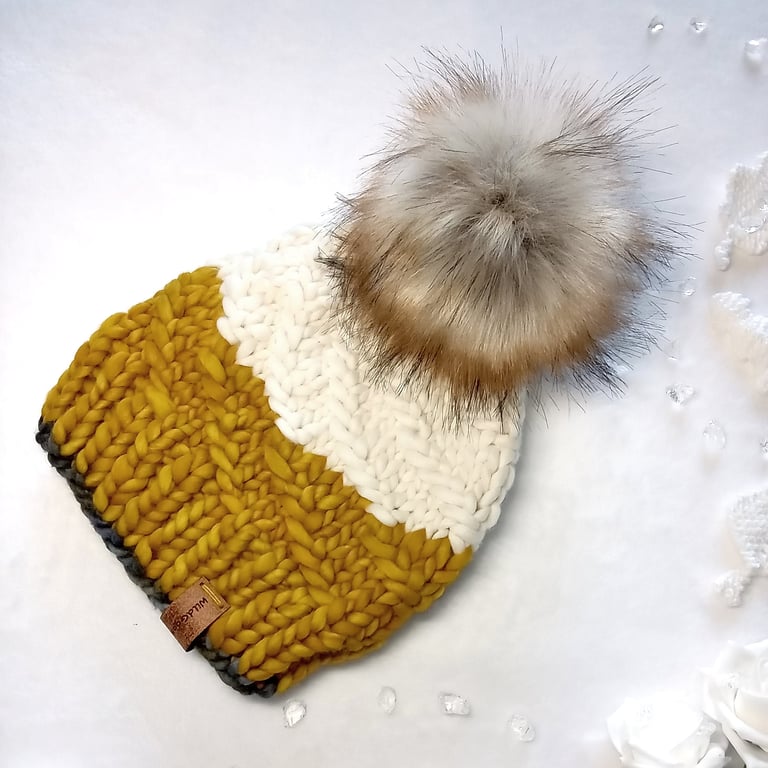 Luxury Hand Knit Hat in thick Merino wool. Optional faux fur pom. One-of-a-kind