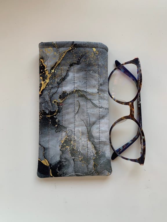 Grey Black And Gold Marble Effect Quilted Fabric Glasses Case
