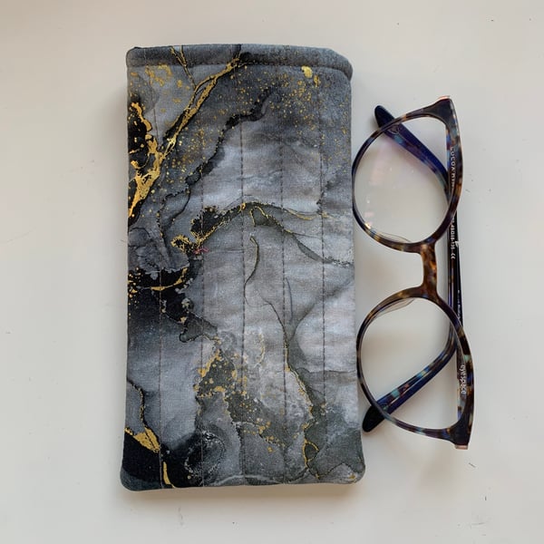 Grey Black And Gold Marble Effect Quilted Fabric Glasses Case