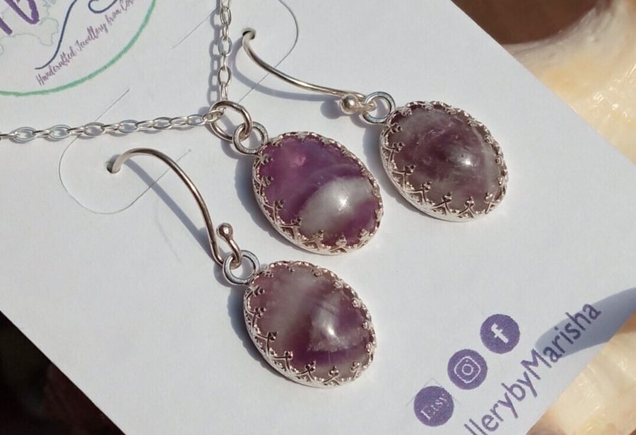 Necklace Earrings Jewellery Gift Set Sterling Silver Amethyst Gemstone in Box
