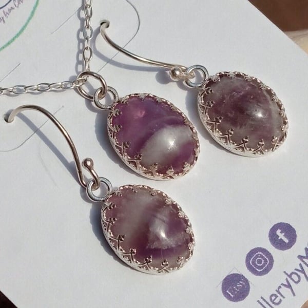 Necklace Earrings Jewellery Gift Set Sterling Silver Amethyst Gemstone in Box
