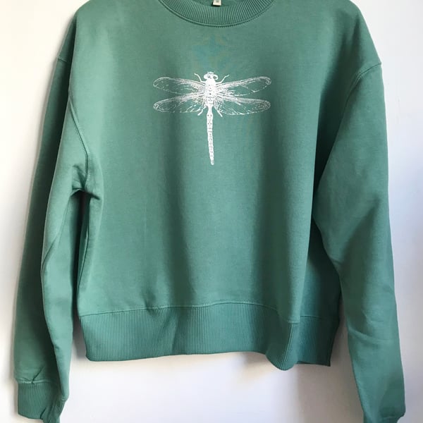 Womens sage green organic cotton cosy sweatshirt silver dragonfly print 