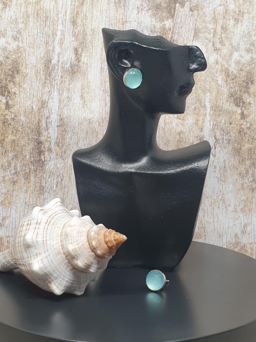 Sterling Silver 925 Aqua Chalcedony Stone Stud Earrings