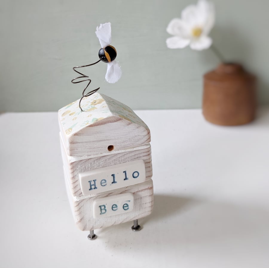 Wooden Beehive With Little Clay Bee 'Hello Bee'