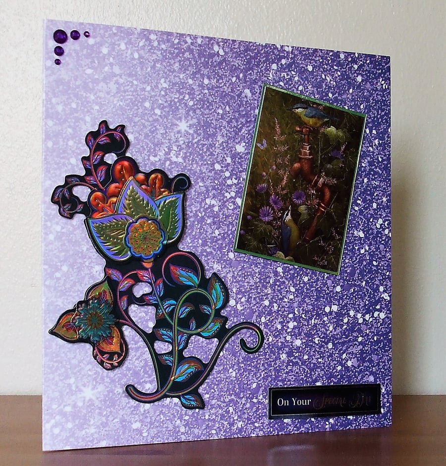 Large Blank Card, Purple Flowers and Birds