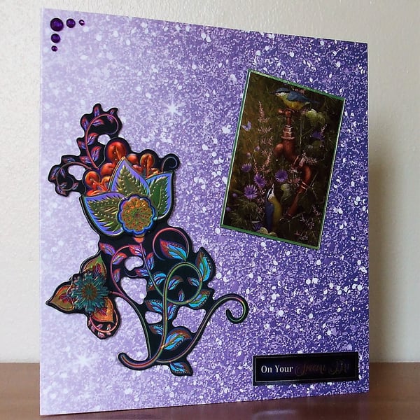 Large Blank Card, Purple Flowers and Birds