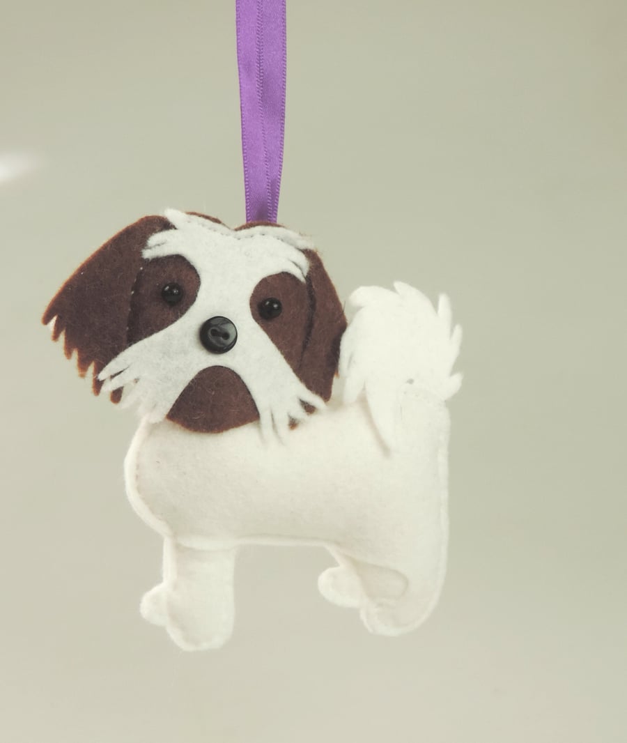 Handmade Felt Shih Tzu Dog, White &Brown Toy Dog, Hanging Decoration, Twig Tree,