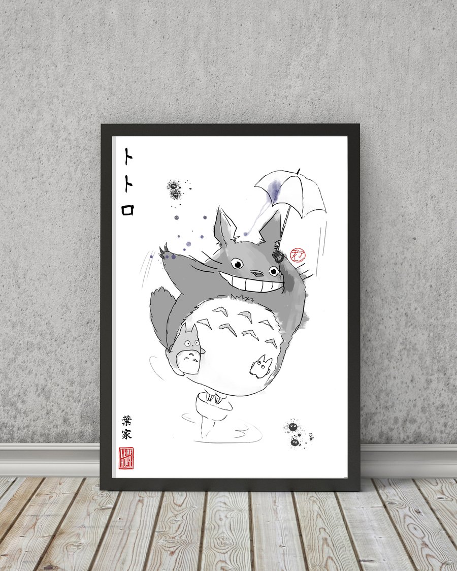 Totoro FANART PRINT – Sumi-e JAPANESE INK BRUSH – Studio Ghibli anime fan gift