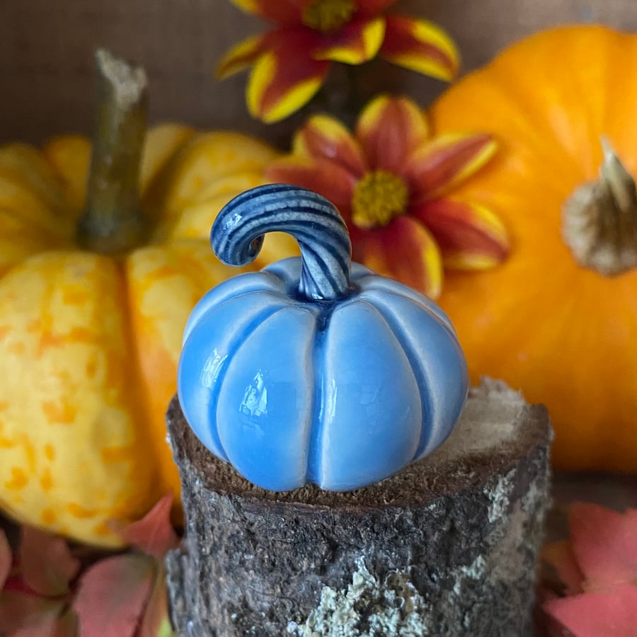 Tiny standing ceramic pumpkin decoration blue