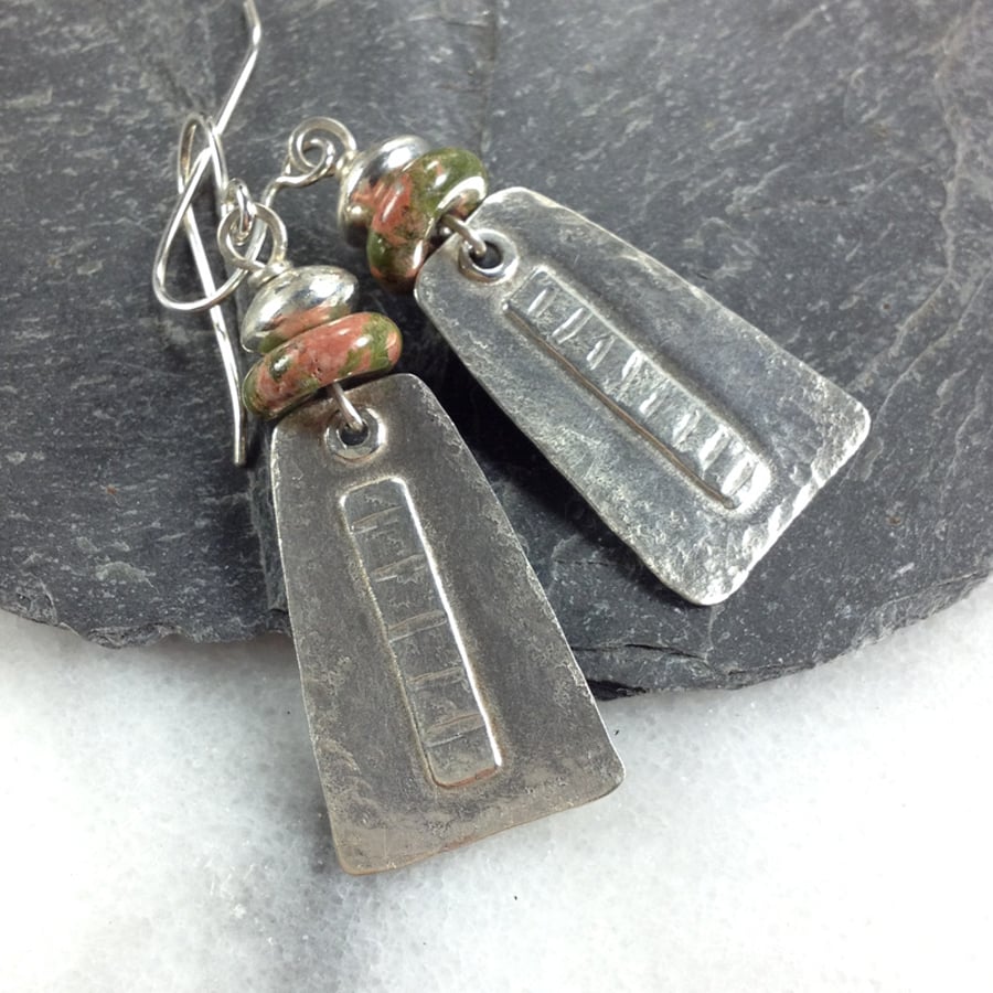 Sterling silver and unakite dangly earrings