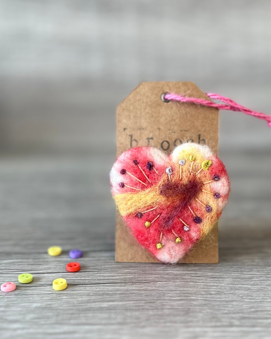 Hand Embroidered Heart Felted Brooch