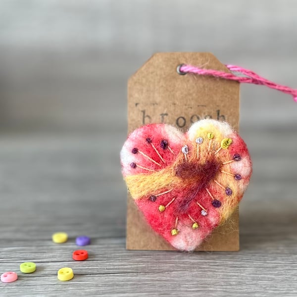 Hand Embroidered Heart Felted Brooch