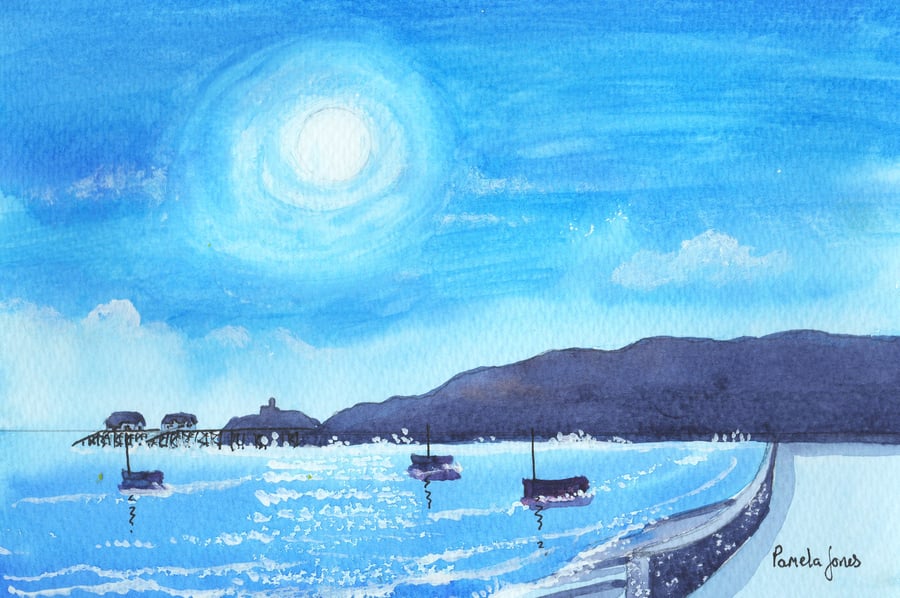 Mumbles in Moonlight, South Wales, Original Watercolour. in 14 x 11 '' Mount