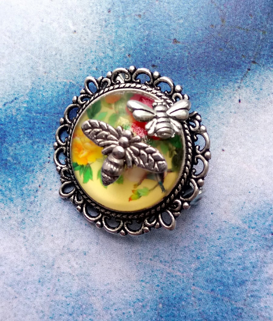 Japanese Decorative Flowers and Birds Brooch with Bee Embellishments.  