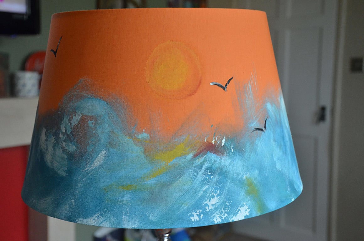Tapered Drum Lampshade Hand Painted Ocean Waves Sunset & Gulls 