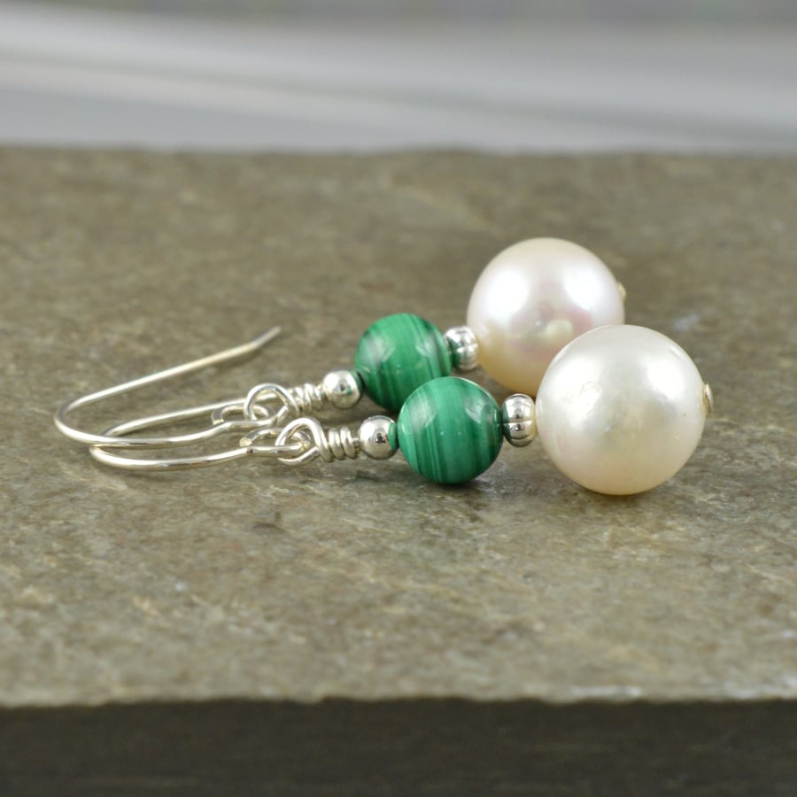 White Freshwater Pearl, Green Malachite Gemstone & Sterling Silver Drop Earrings