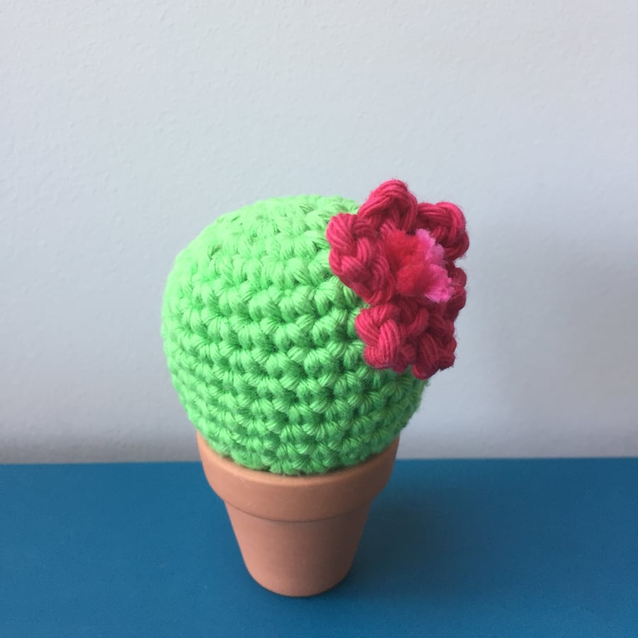 Crochet cactus with hot pink flower - light green