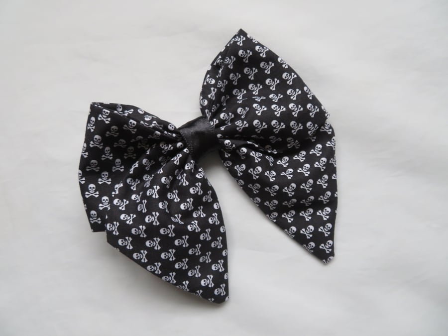 Black and White Skull & Crossbones Fabric French Hair Bow