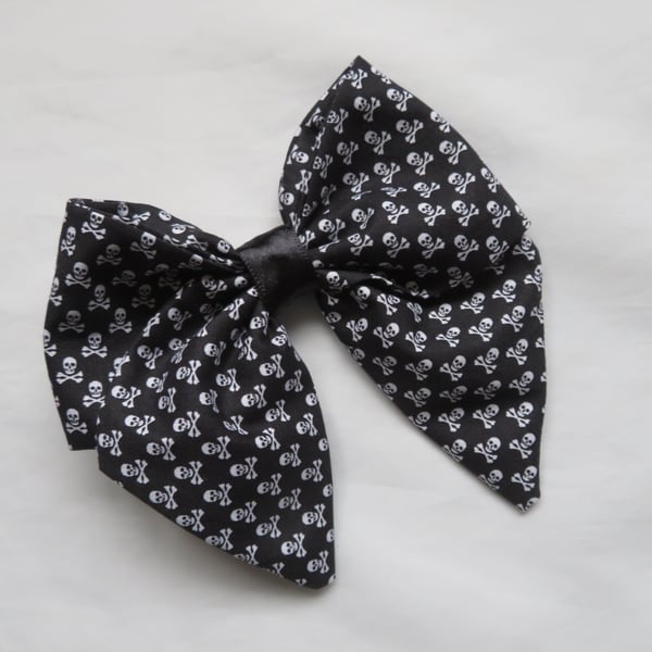 Black and White Skull & Crossbones Fabric French Hair Bow
