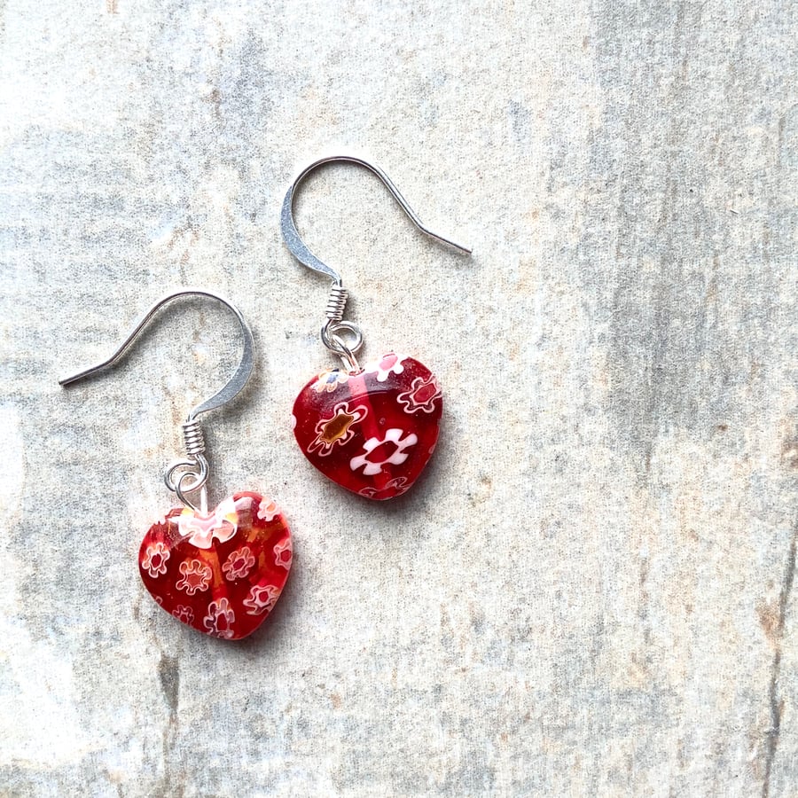Red Italian Millefiori Glass Heart Drop Earrings 