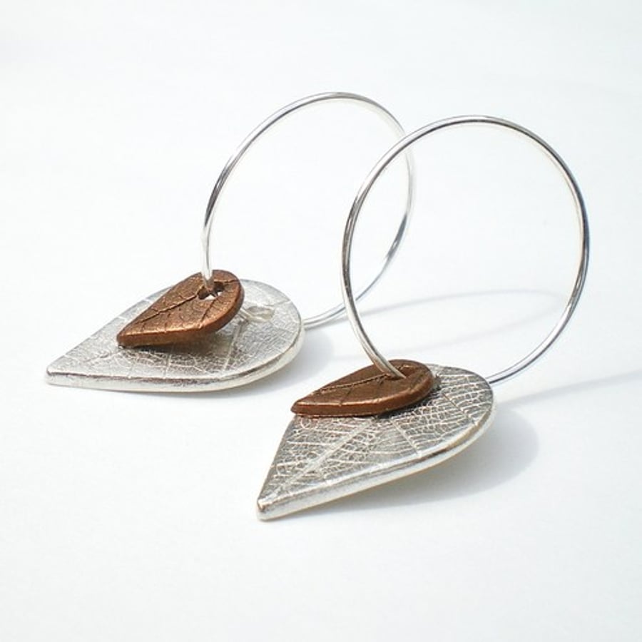 Silver and Copper Teardrop Leaf Earrings