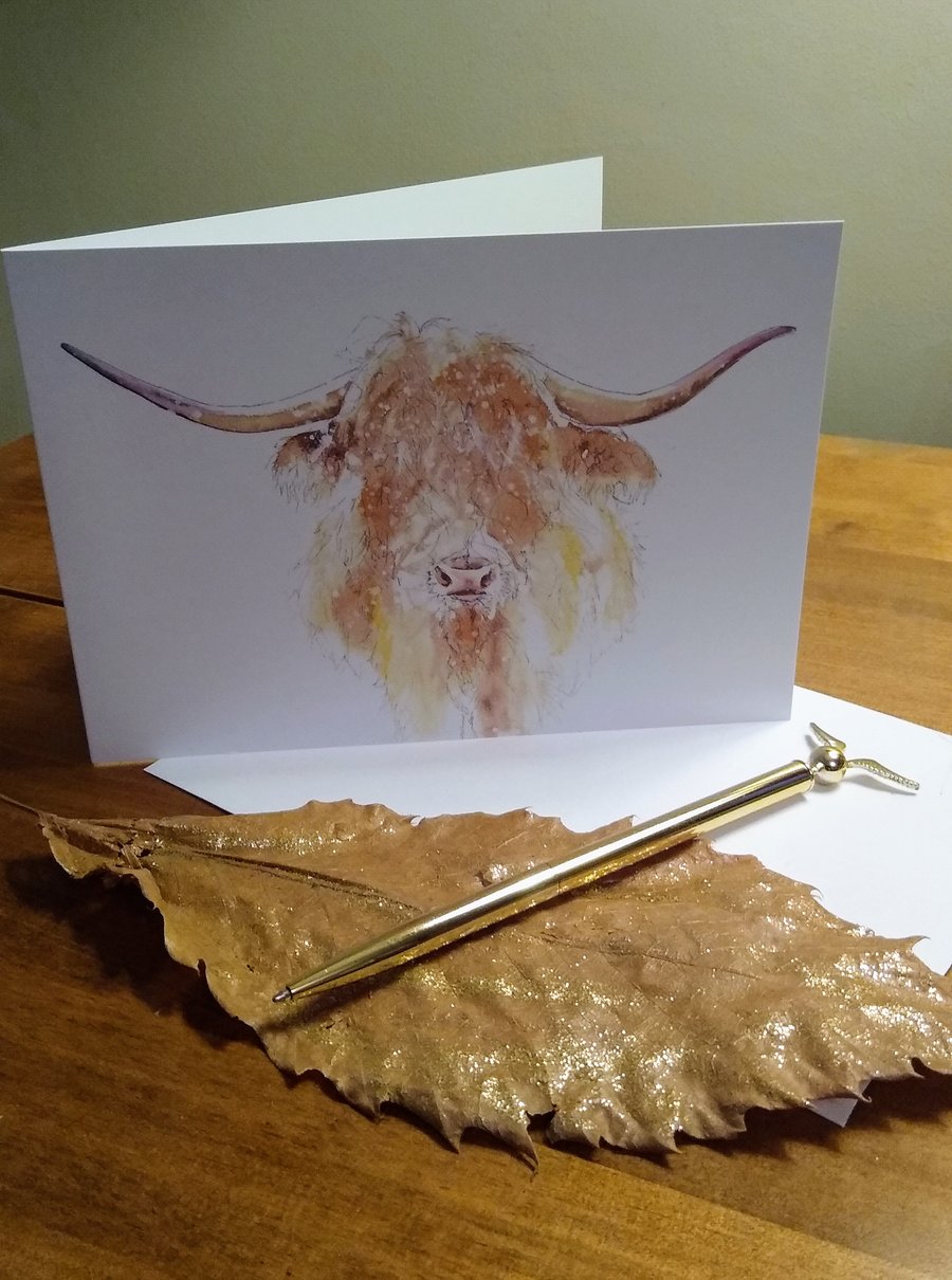 Highland Cow Art Print greeting card, blank inside