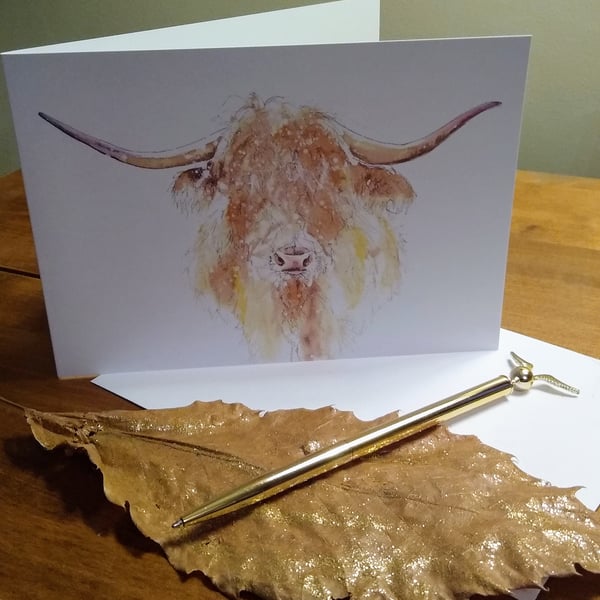 Highland Cow Art Print greeting card, blank inside