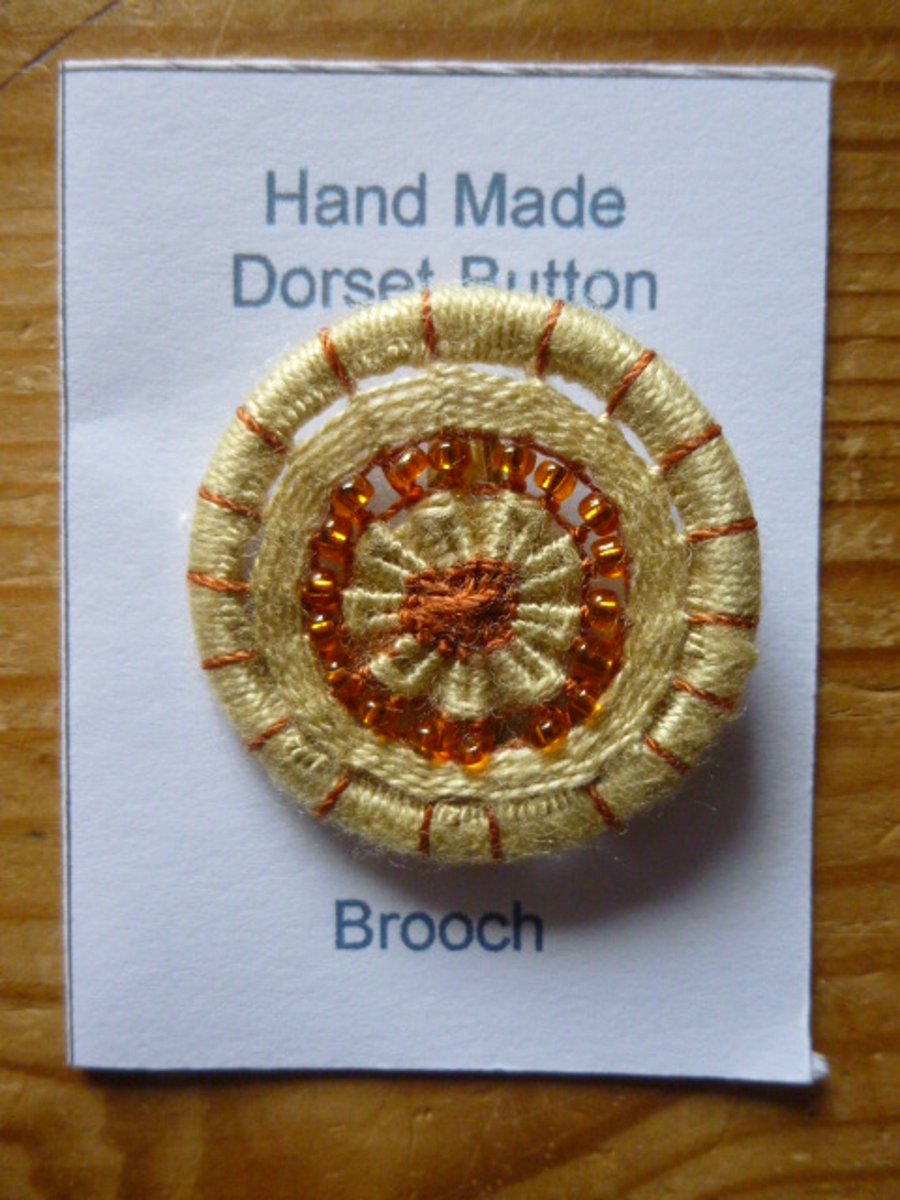 Beaded Dorset Button Brooch, Cream and Orange, B11