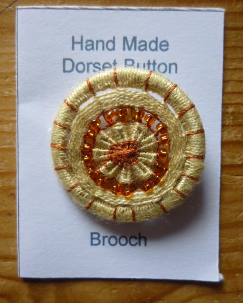 Beaded Dorset Button Brooch, Cream and Orange, B11