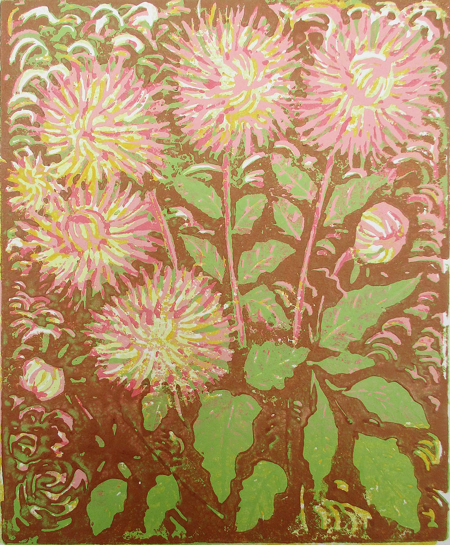 Dahlias - Original Hand Pressed Linocut Print Limited Edition