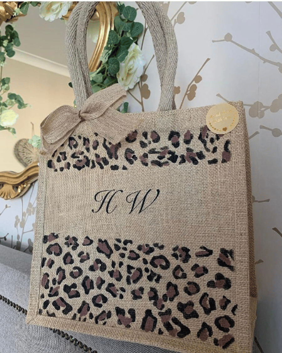 Personalised Jute Bag with Leopard Print - hand painted 