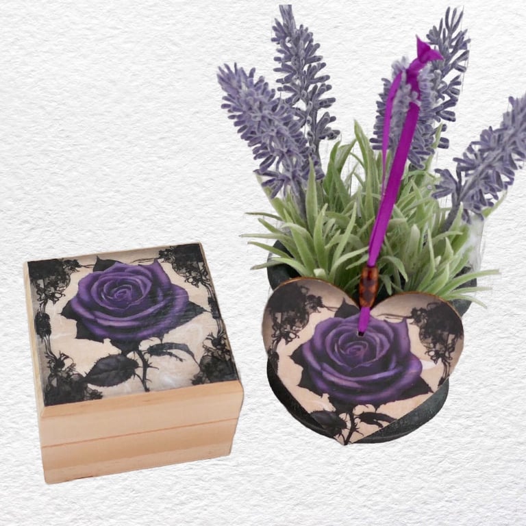 Purple Rose: Decorated Wooden Ring Trinket Box 7cm & Hanging Heart