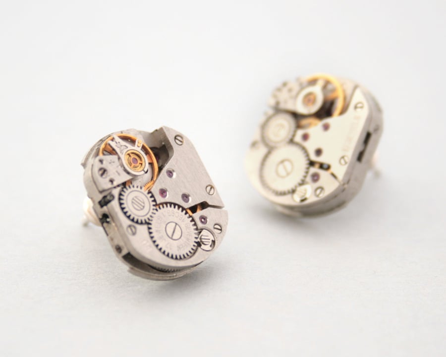 Stud Earrings Steampunk Watch Movement with Ruby Sterling Silver Post 