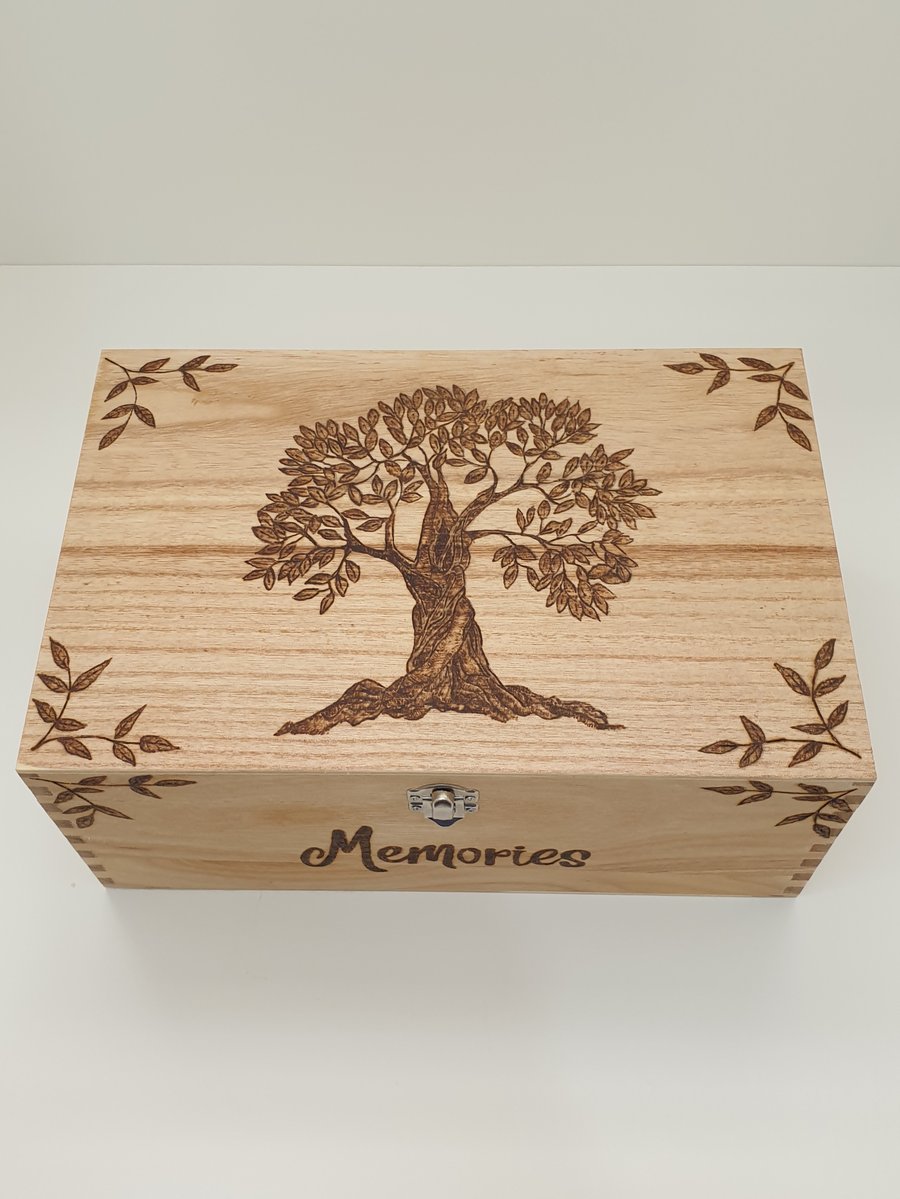 Wooden memory box with pyrography tree design, decorative storage for keepsakes 