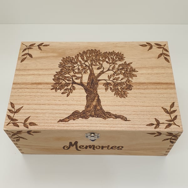 Wooden memory box with pyrography tree design, decorative storage for keepsakes 