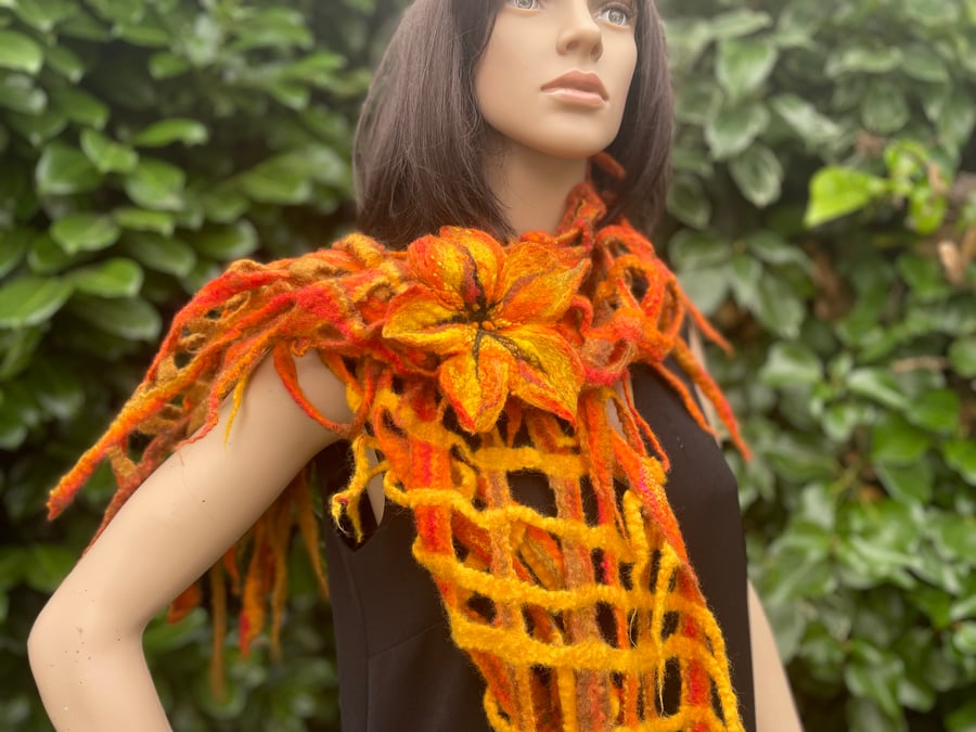 Unique Autumn Scarf with Brooch, organic British Wool, wet felted handmade in UK