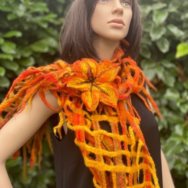 Unique Autumn Scarf with Brooch, organic British Wool, wet felted handmade in UK