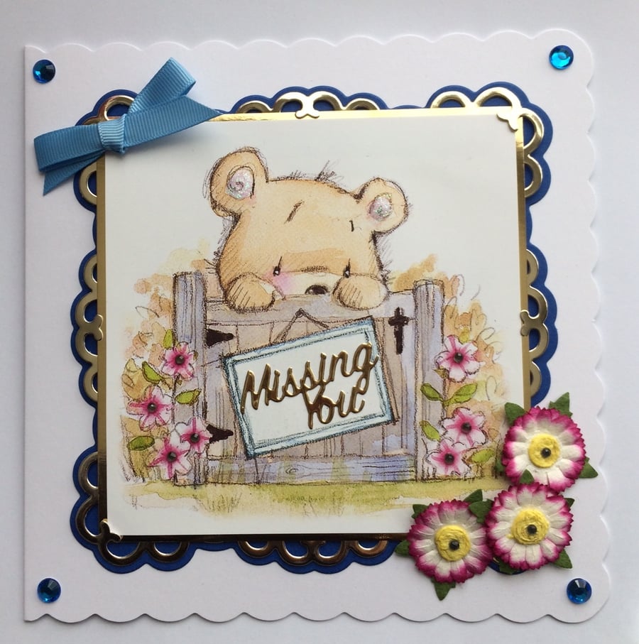 Miss You Cute Teddy Bear Card Missing You Garden Gate 3D Luxury Handmade