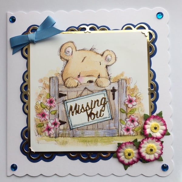 Miss You Cute Teddy Bear Card Missing You Garden Gate 3D Luxury Handmade