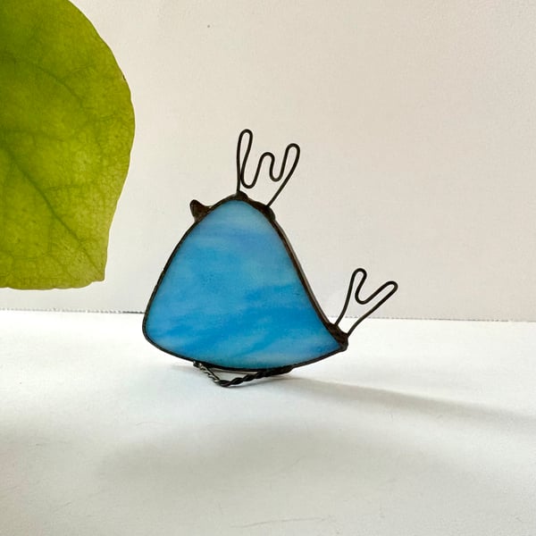 Streaky blue stained glass bird ornament with funky hair, Bird with Attitude