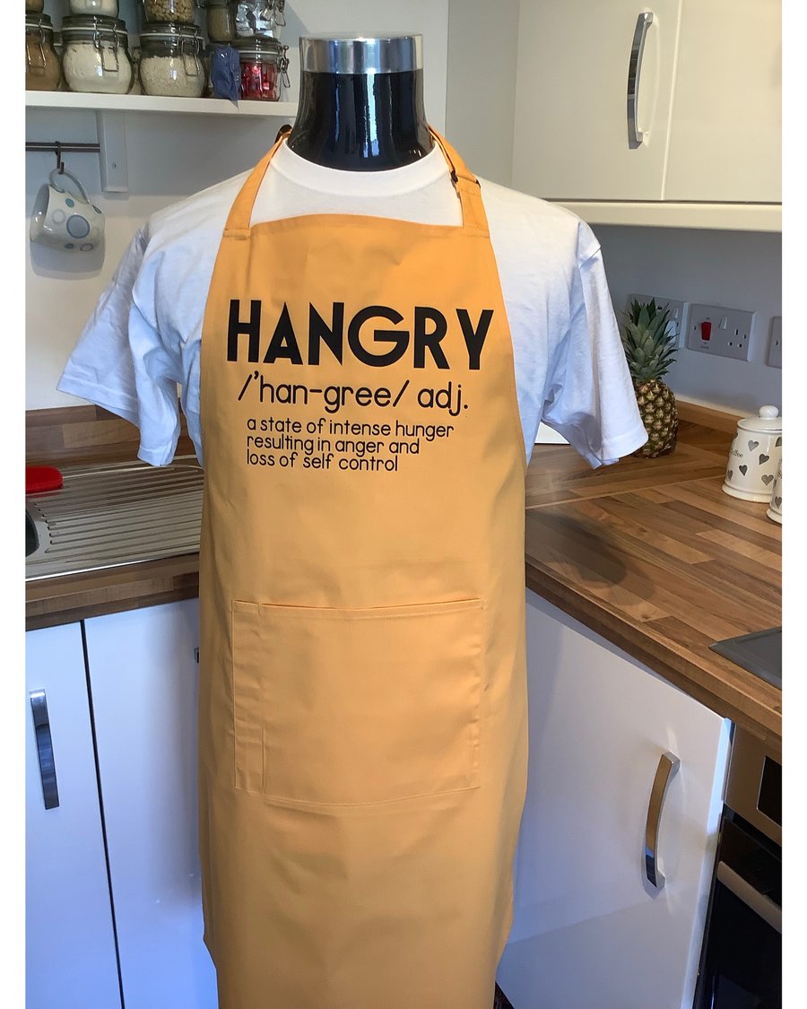 Attractive , Kitchen or BBQ Apron with Hangry  and explanation 