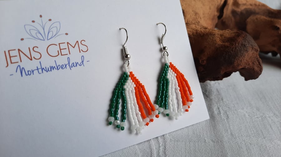 Beadwork Earrings - Irish Flag Tassel (3)