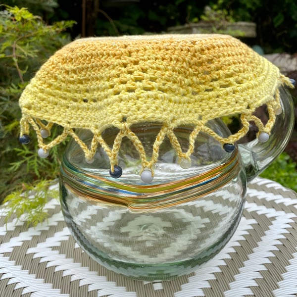 Crochet Bowl Cosy, Daisy pattern cotton crochet and glass bead food cover,